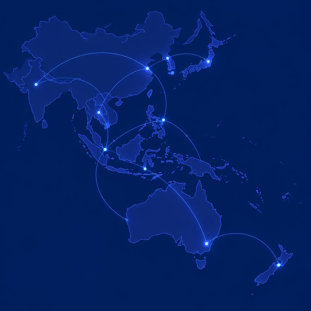 Stylised map of the Asia Pacific region with glowing connection lines linking cities across the region.
